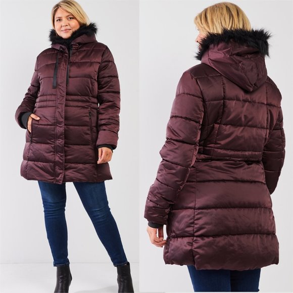 Wine Glossy Long Fitted Vegan Fur Hood Detail Wint - Picture 2 of 7